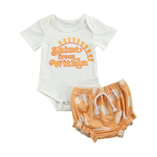 

clothing sets 2 pieces baby girl clothes summer letter print o-neck short sleeve romper+ rainbow shorts outfits 0-18 months, White