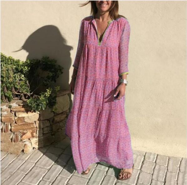 

casual dresses women's long sleeve bohemian maxi summer ruffle vintage elegant retro boho floral large size v-neck dress vestidos, Black;gray