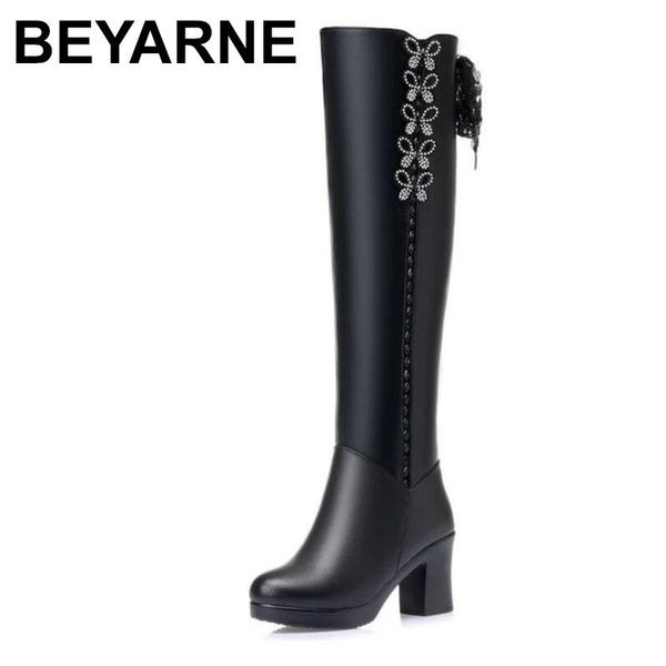 

boots beyarne2021 genuine leather women's wool warm winter over the knee female high heels shoes knight, Black