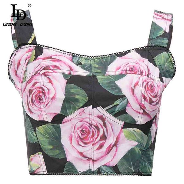 

ld linda della summer fashion camis corset women fashion runway spaghetti strap rose flower print short bustier 210401, White