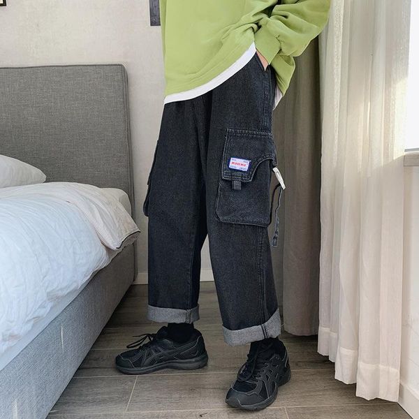 

spring and autumn 2021 fashion hong kong style workwear jeans men's korean loose trend straight wild nine wide leg cargo pants, Blue
