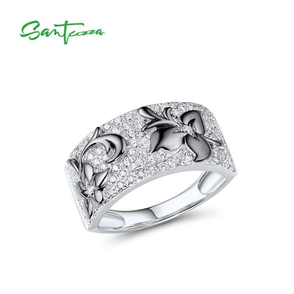 

santuzza silver rings for women pure 925 sterling sparkling white cubic zirconia black flowers fashion fine jewelry 211217, Slivery;golden
