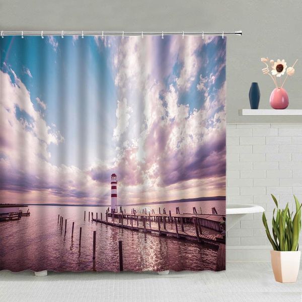 

sunset beach lighthouse boat birds background picture bathroom accessories shower curtain waterproof polyester fabric with hook curtains