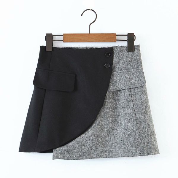 

puwd slim girls two decorative buckles skirt spring-autumn fashion ladies stitching color female high waist asymmetry 210427, Black
