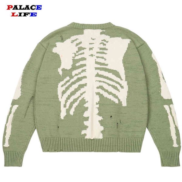

men oversized green loose skeleton bone printing wo quality high street damage hole vintage 1:1 knitted sweater, White;black