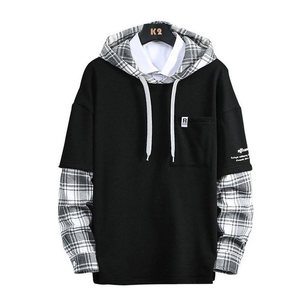 

sale plus size 4xl men fashion patchwork plaid fake two piece cotton pullover hoodie men's hoodies & sweatshirts, Black