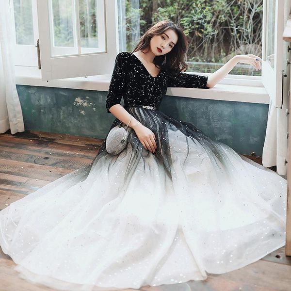 

fashion black gradient banquet sequins tassle long prom formal gown elegant evening dress vestidos de noche cheongsam ethnic clothing, Red