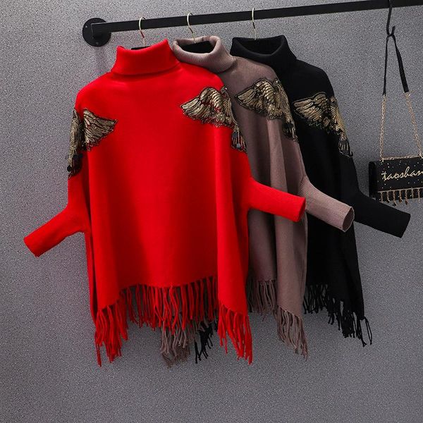 

autumn turtleneck poncho knitwear women beading tassel long cloak pullovers coat pull femme oversized cape shawl knitted sweater women', White;black