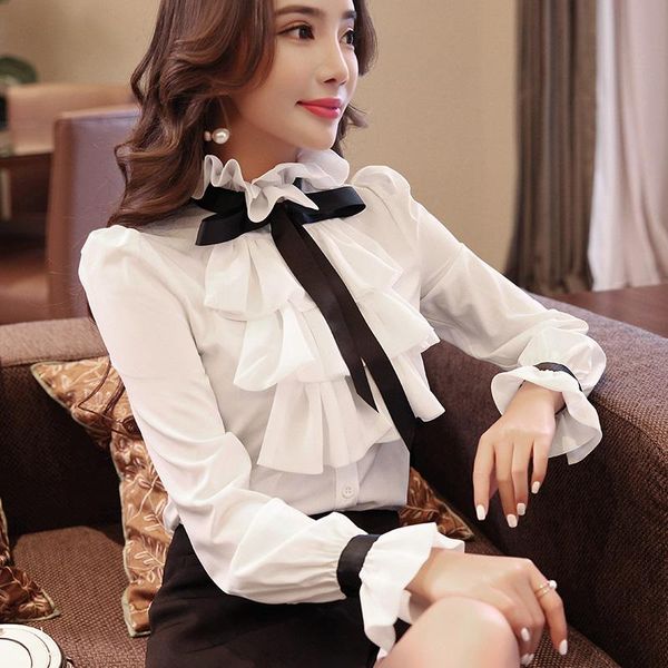 

shirt women single breasted ruffles turn down collar long sleeve cotton blouses lace up bow feminina sales blouse women's & shirts, White