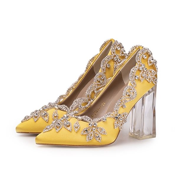 

dress shoes bride wedding clear heels crystal pumps christmas day evening party luxury queen satin silk 10cm square heel plus size  020g, Black