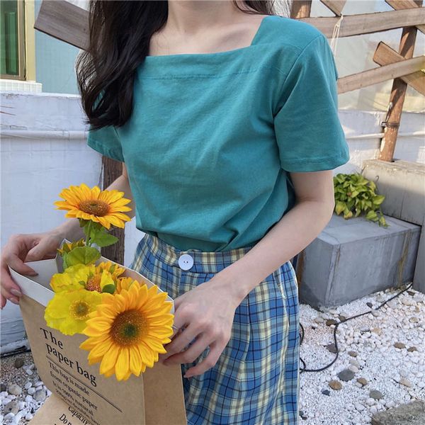 

women's t-shirt pure cotton short sleeve female summer korean ins fashion student's sweet color versatile square collar 8ebg, White