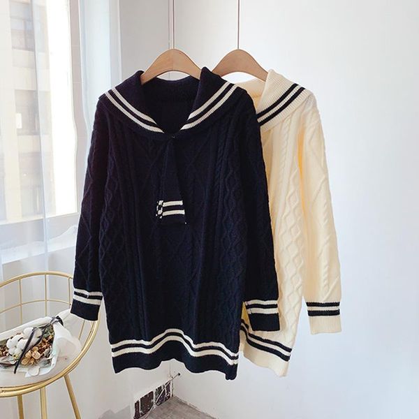 

women's sweaters 2021 fall/winter pullover knit sweater crew neck mid-length college style loose outer wear, White;black