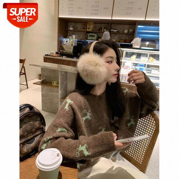 

[little flying deer christmas atmosphere] fun little knitted round neck pullover winter sweater can be replaced #5h6x, White