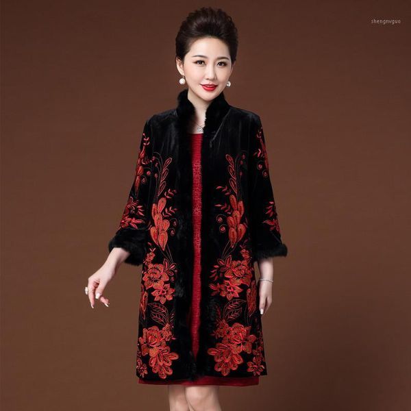 

women's wool & blends women embroidered coat long loose middle-aged mother autumn winter chinese national fur velvet jacquard overcoat, Black