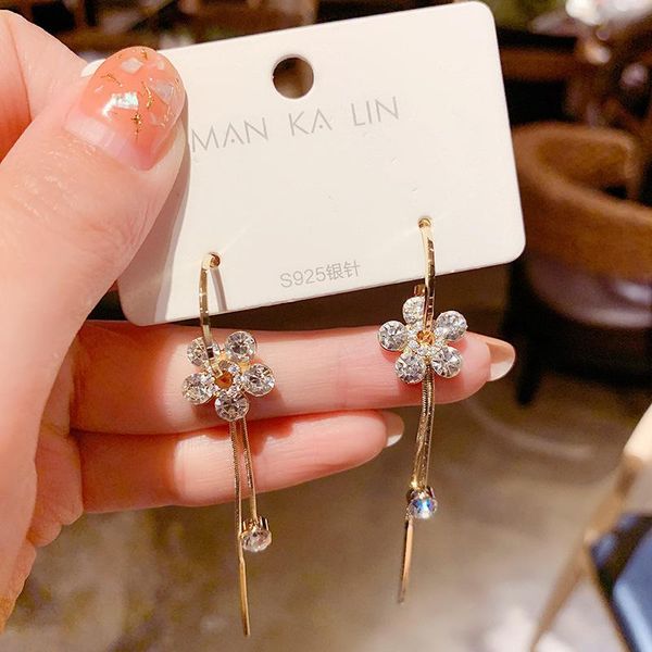 

dangle & chandelier 2021 korean dongdaemun fashion five petal flower crystal tassel earrings net red s925 needle female, Silver