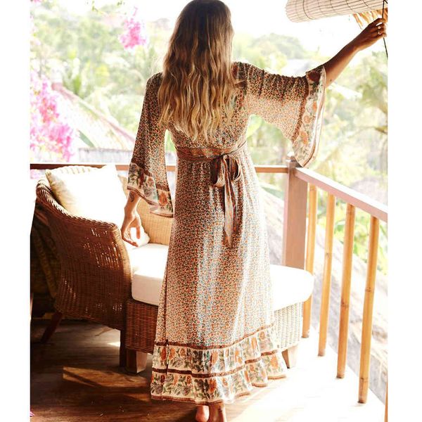 

jastie floral print maxi gown v-neck 3/4 sleeve women dresses bohemian hippie long beach dress summer boho dresses vestidos 210419, Black;gray