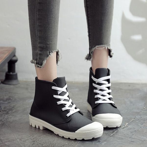 

boots ankle round toe low waterproof rainboots women solid non-slip rubber shoes slip-on rain, Black