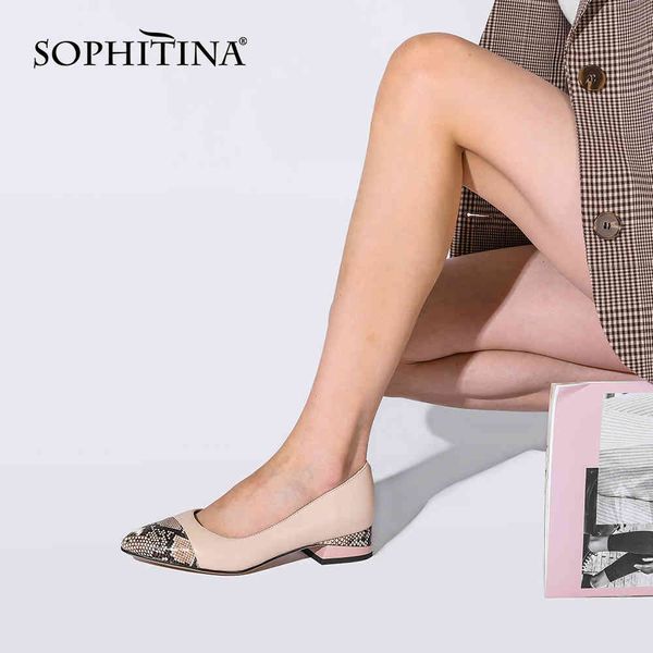 

sophitina pumps woman spring autumn patchwork genuine leather snack pattern shallow low square heel office lady shoes pc988 210513, Black