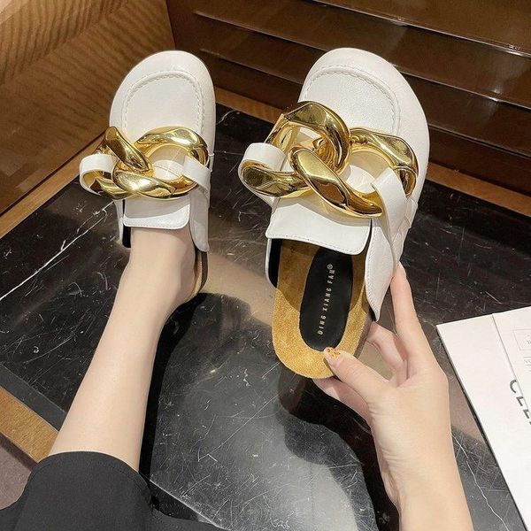 

slippers big gold chain half women's 2021 summer british style shoes, Black