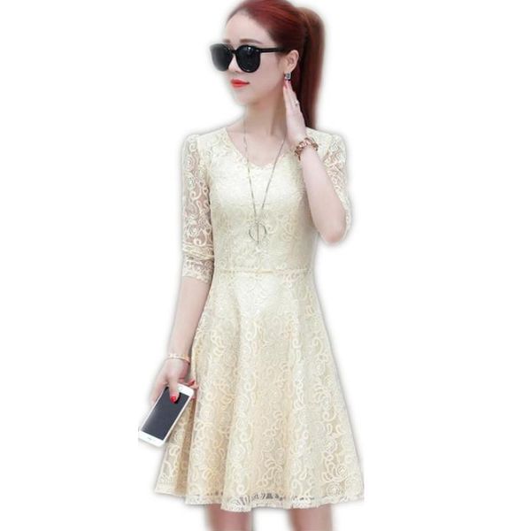 

casual dresses elegant lace women a-line dress 2021 spring summer mini hollow out v-neck sweet female slim q113, Black;gray