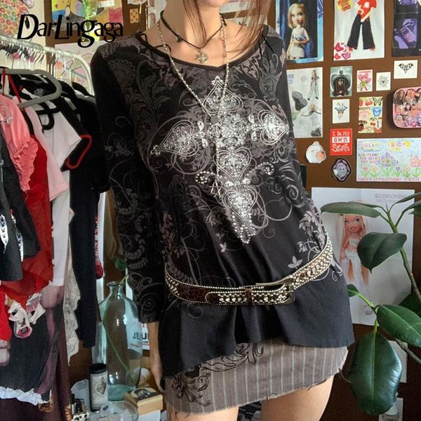 

women's t-shirt darlingaga dark academia rhinestone print graphic autumn women fairycore grunge pullover y2k mall goth retro shirts, White