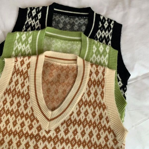 

women 2021 fashion oversized knitted vest sweater v neck sleeveless houndstooth loose female waistcoat chic women's sweaters, White;black