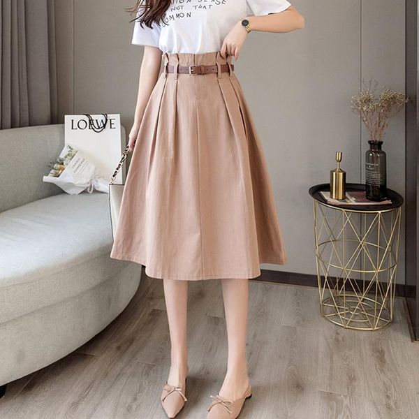 

skirts midi knee length summer skirt women2021 fashion korean ladies high waist pleated a-line school female s, Black