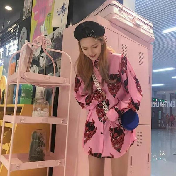 

women's blouses & shirts cartoon print oversized 2021 summer long sleeves polyester streetwear casual female fashion, White