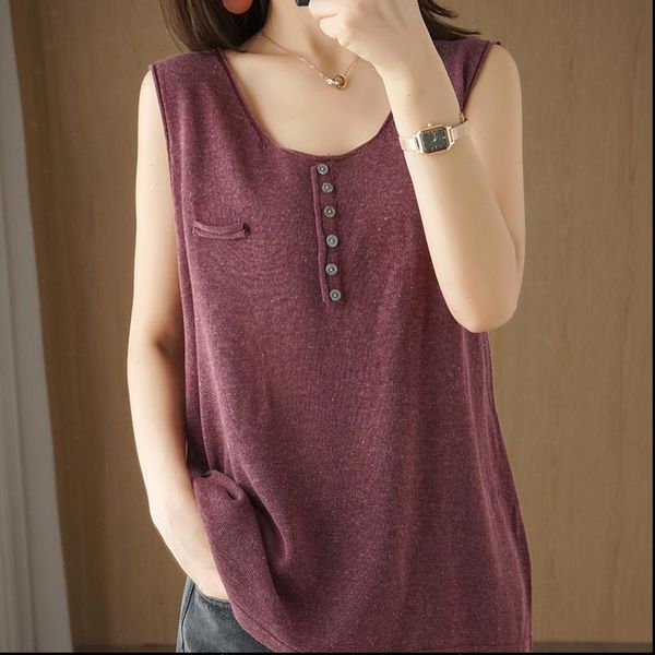 

summer pure cotton and women tank linen camisole o neck pullover bottoming loose large size shirt knitted sleeveless t, White
