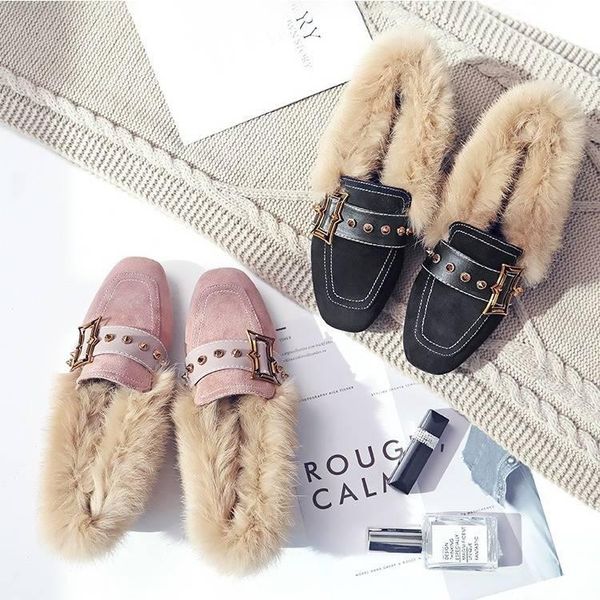 

boots hairy shoes female 2021 winter net red one foot women's warm plus velvet cotton students flat peas, Black