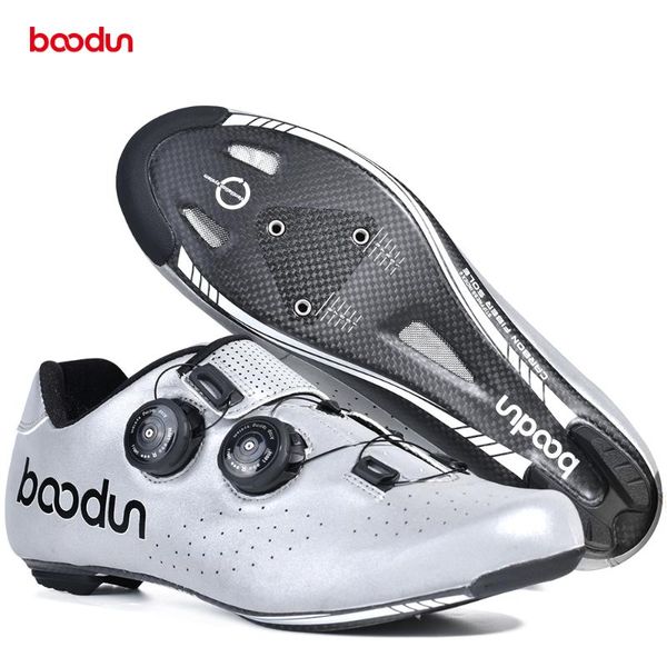

road bike self-locking cycling shoes carbon fiber soles reflective ultra-light racing triathlon equipment footwear, Black