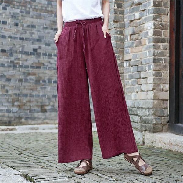 

women's pants & capris wide legs women long plus size cotton linen soft pantalon solid vintage high waist trousers -6xl 7xl, Black;white