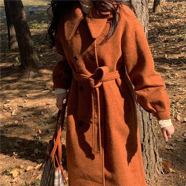 

women's wool & blends winter warm korean version of a versatile texture white caramel color medium long coat, Black