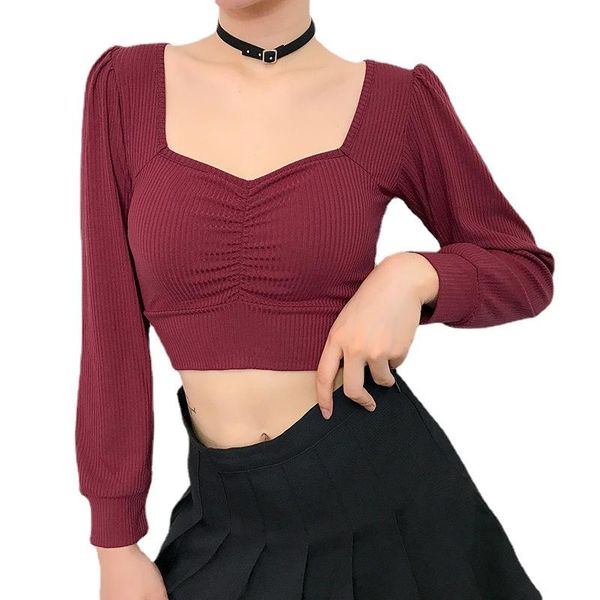 

women's t-shirt summer spring crop long sleeve women black shirt square neck casual tee mujer ladies ropa plus size, White