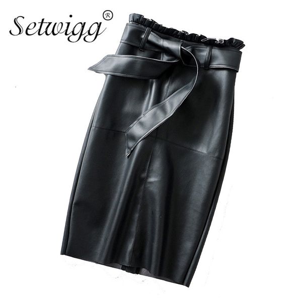 

Skirts skirts Autumn Black PU Mid Calf Pencil Waist Bowknot Sweet Faux Leather Back Split OL Tube S G02T