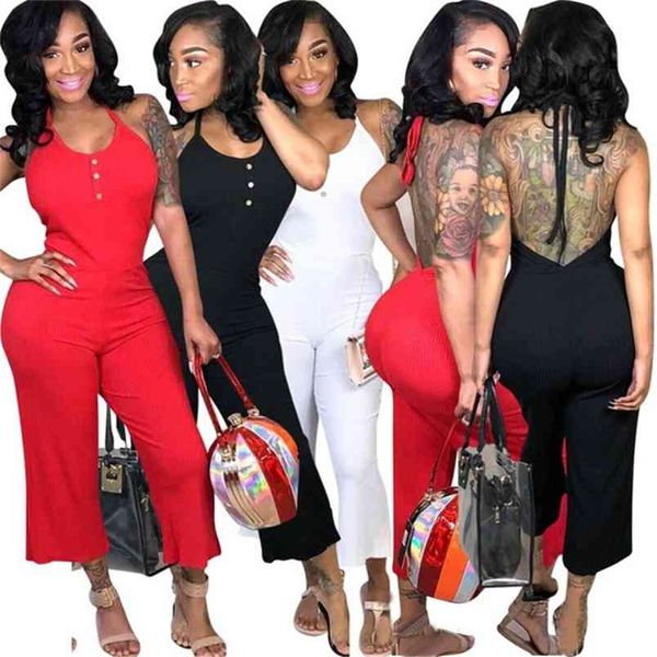 

summer women v neck camis backless jumpsuit sleeveless clothing wear knitted slim halter solid black white red combinaison 210517