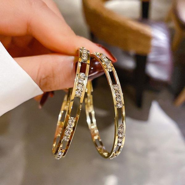

hoop & huggie golden round crystal earrings for women bijoux geometric rhinestones statement jewelry party gifts, Golden;silver