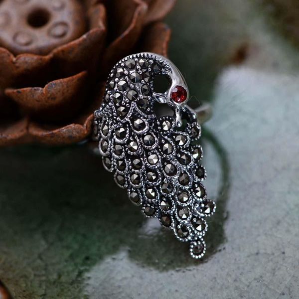 

cluster rings meibapj real s925 sterling silver retro vintage thai hand inlaid maxey peacock ring exquisite gift jewelry, Golden;silver