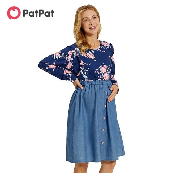 

arrivalmaternity round collar floral full print blue knee length long-sleeve nursing dress 210528, White