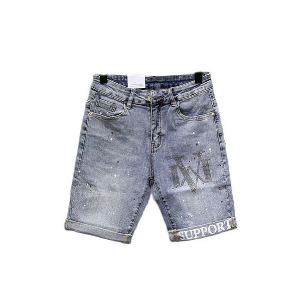 

men's jeans fashion 2021 denim shorts trendy brand splash ink paint dots rhinestones slim korean stretch short pants, Blue