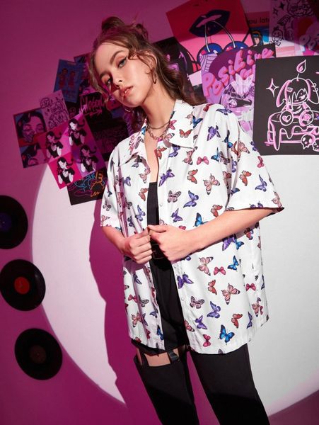 

romwe allover butterfly print blouse v5ak#, White