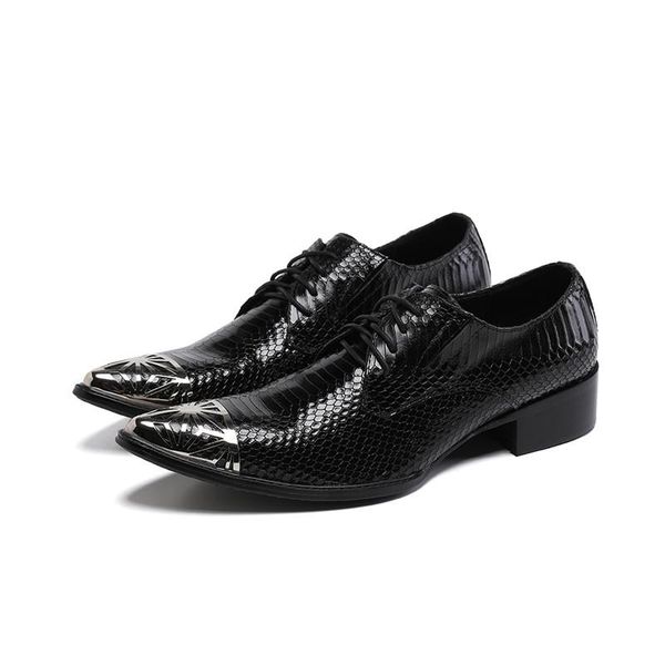 

dress shoes men wedding black snakeskin pattern leather business metal pointed toe party lace up official