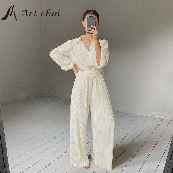 

spring summer two piece set tracksuit casual outfit suit beige shirt long blouse pleated wide leg pants 2 sets 210930, White