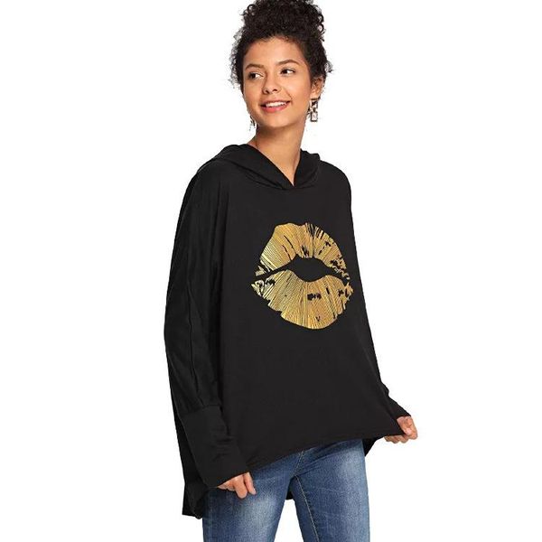 

women's hoodies & sweatshirts style big cartoon lip black hooded woman sweatshirt fashion long sleeve pullover female