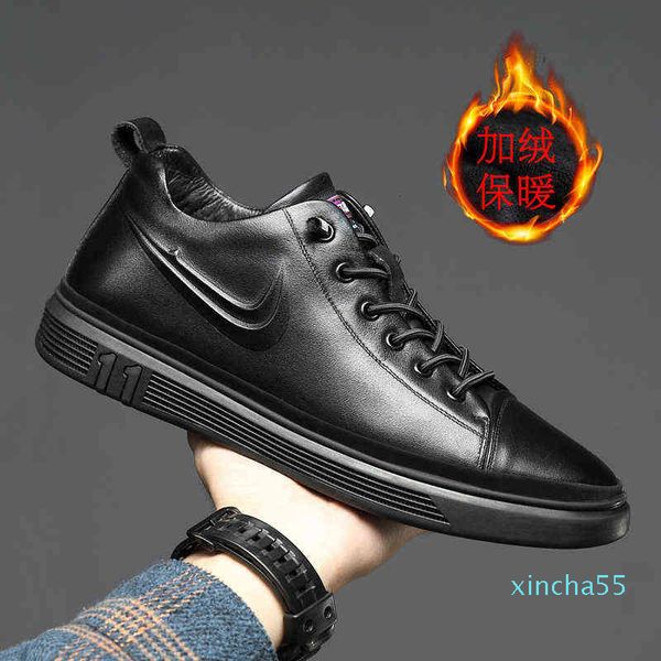 

men's leather flat soled shoes with plush warm middle cotton in winter, Black