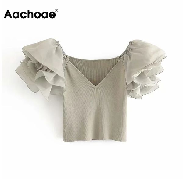 

aachoae women organza patchwork blouses sweet v neck ruffle crop shirt female see through sleeve blouse casual knitted 210413, White