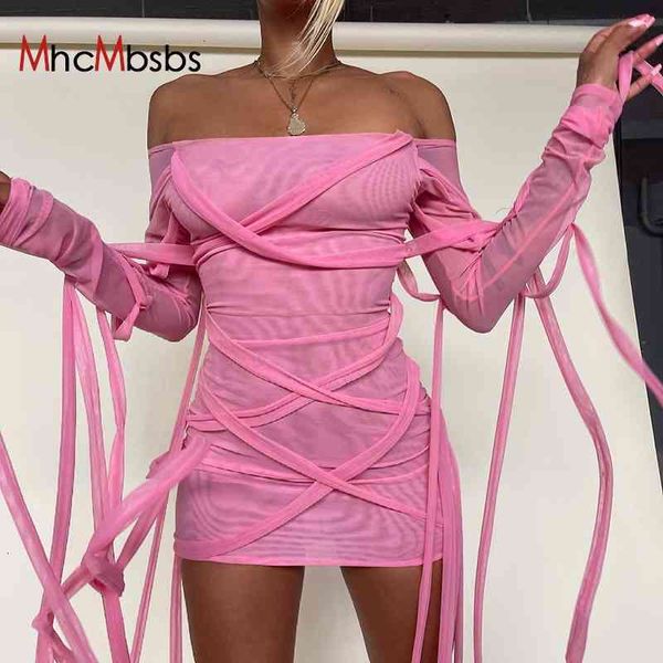 

casual dresses aesthetic bandage mesh bodycon pink mini dress for women summer clothes off shoulder see through clu, Black;gray