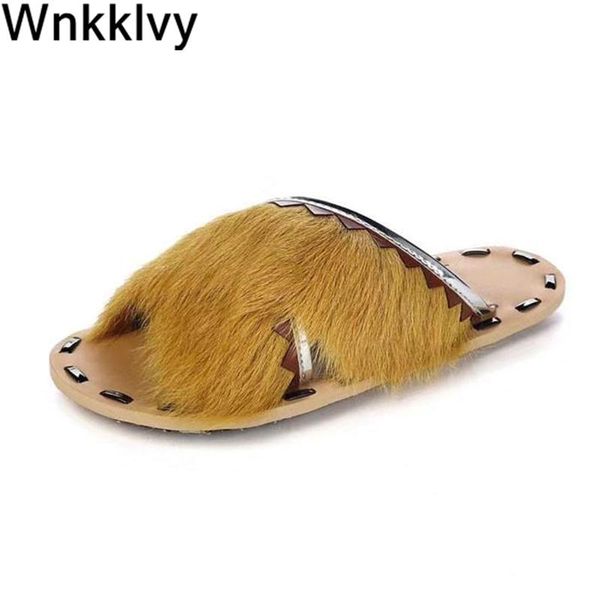 

slippers summer beach woman fur mules shoes flat heel flip flops street feather crossover fringe ladies sandals, Black