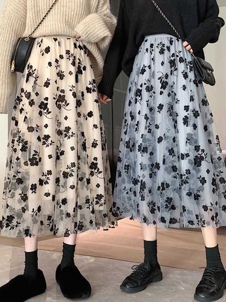 

autumn winter floral mesh skirts women slim elastic high waist mid-length temperament a-line swing skirt appliques faldas chic 210610, Black