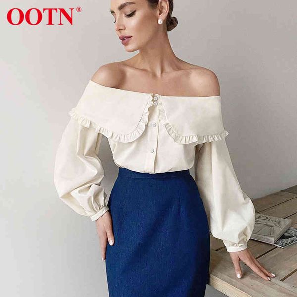 

ootn beige casual women blouse lantern sleeve ruffle oversize collar elegant shirt ladies off shoulder summer blouse cotton 210413, White